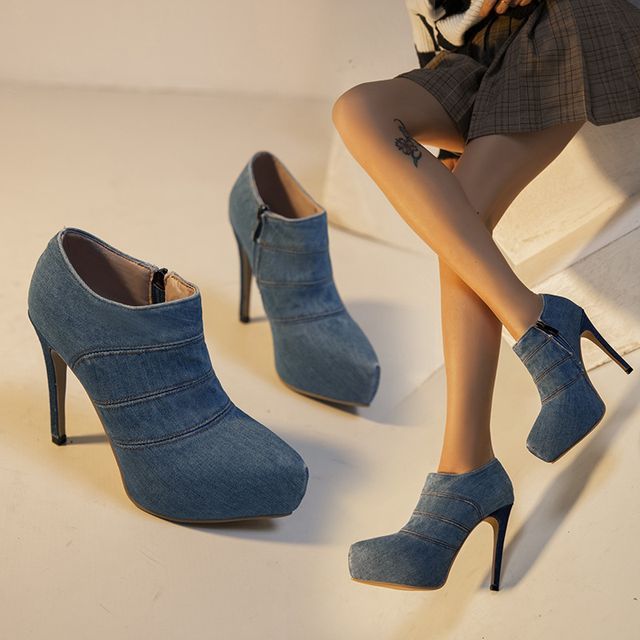 JVL-High Heel Denim Ankle Boots