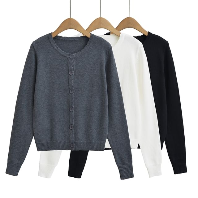 Ulark-Round Neck Plain Scallop Trim Cardigan