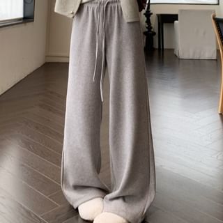 Beem-Drawstring Waist Plain Wide Leg Pants