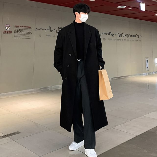 Freehop-Peak Lapel Plain Midi Button Coat