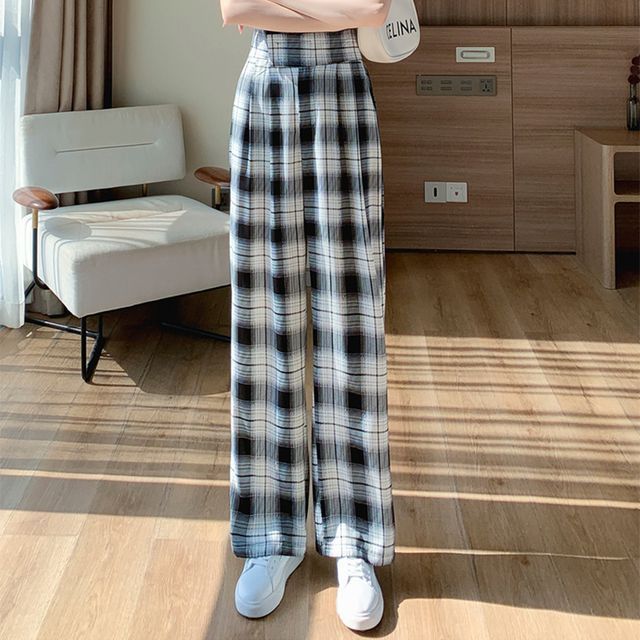Everose-Plaid Wide Leg Pants
