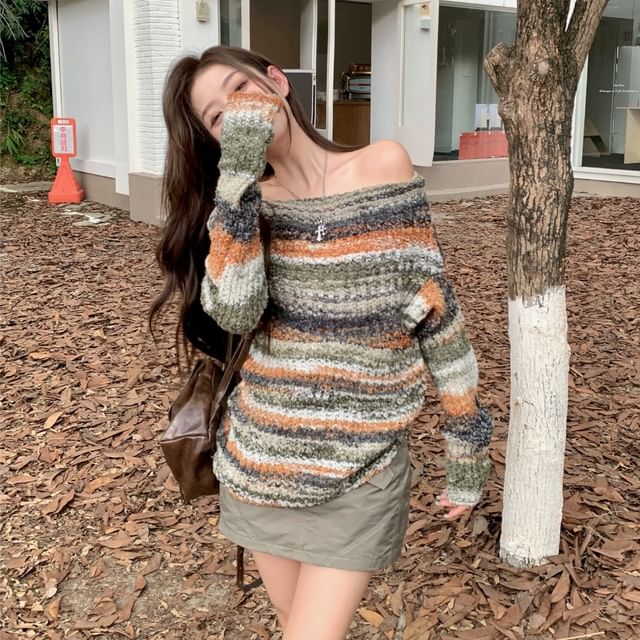PINPI-Striped Off Shoulder Oversized Sweater