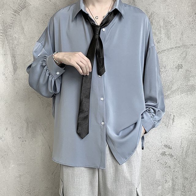 DuckleBeam-Set Long-Sleeve Collared Plain Shirt Necktie