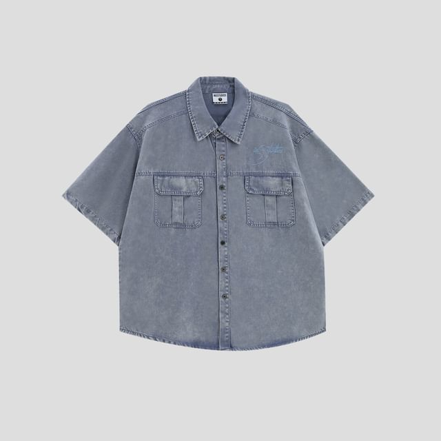 INStudio-Short-Sleeve Collared Pocket Denim Shirt