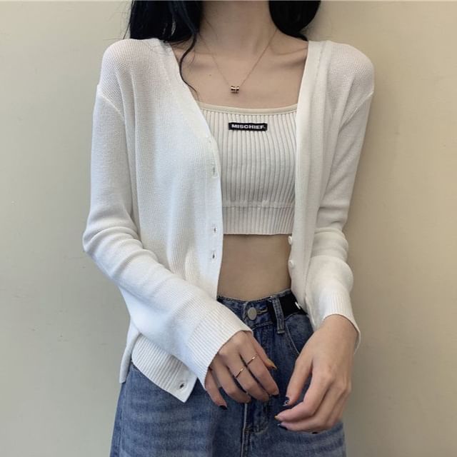 Sisyphi-V-Neck Plain Cropped Cardigan