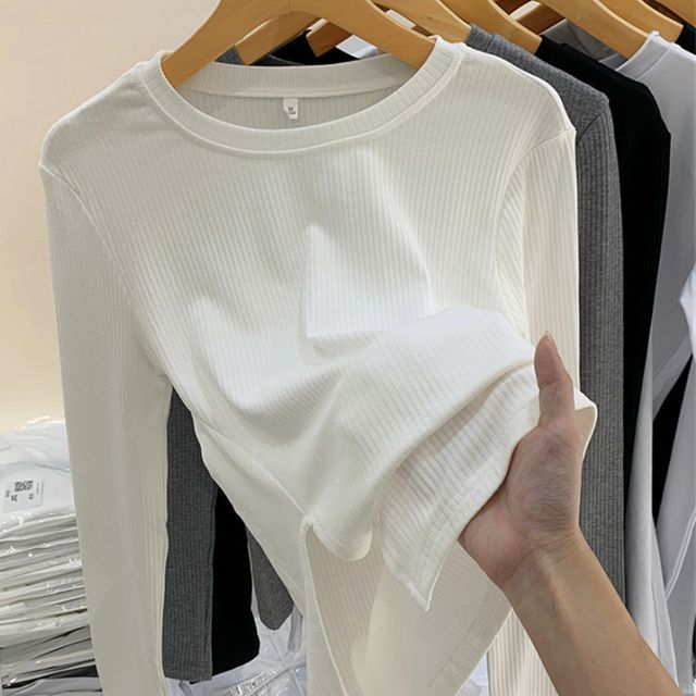 Moon City-Long-Sleeve Crew Neck Plain Ribbed Tee