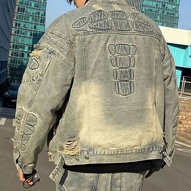 Ateso-Collared Washed Distressed Button Denim Jacket