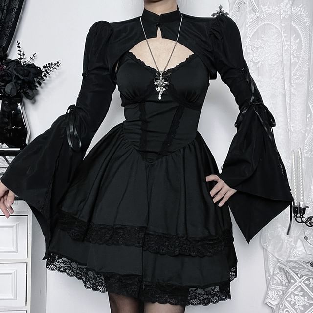 meadowdrop-Wide-Sleeve Lace-Up Shrug