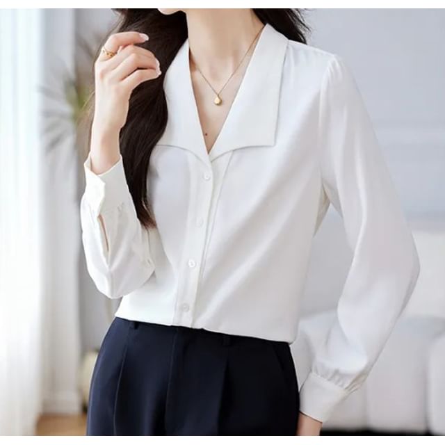 Yilda-Long-Sleeve Collared Plain Blouse