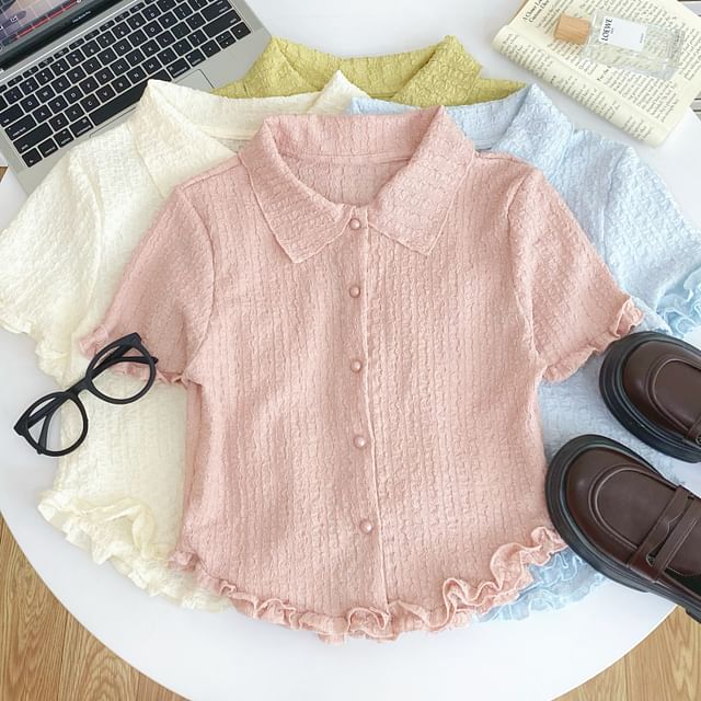 Iasia-Short Sleeve Collared Plain Frill Blouse