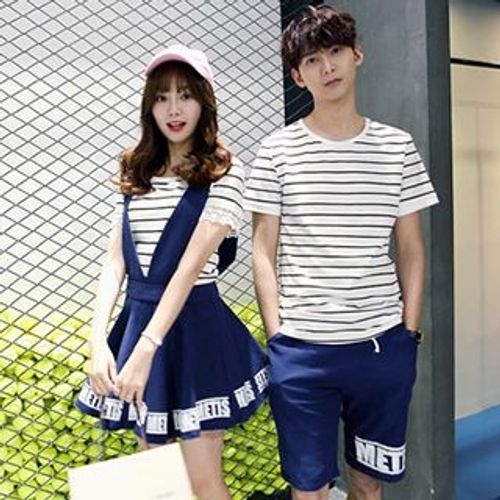 Azure - Couple Matching Stripe T-Shirt / Lettering Jumper Skirt ...