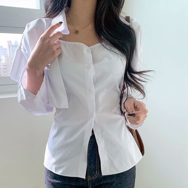 MIKIGA-Set Plain Button Cami Top Collared Open Front Bolero