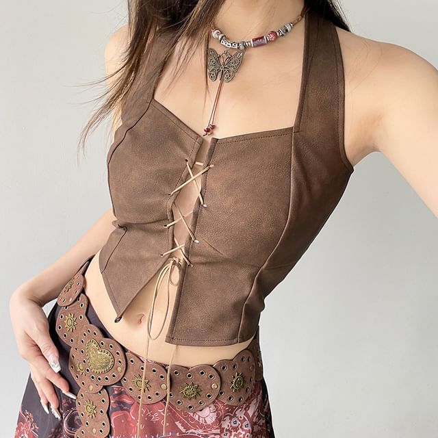Honet Halter-Neck Faux Leather Lace-Up Tank Top YesStyle