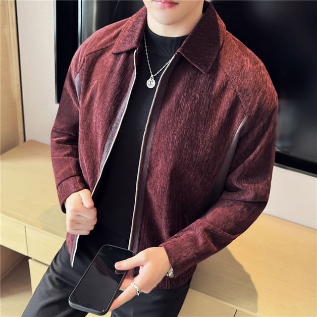 Lefitt-Collared Faux Leather Panel Zip-Up Plain Jacket