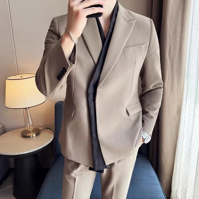 Lefitt-Set Mock Two-Piece Peak Lapel Snap Button Blazer Mid Rise Plain Cropped Straight Leg Dress Pants