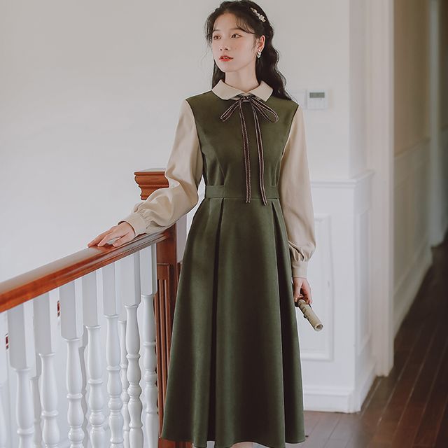 Retro Forest - Mock Two-Piece Long-Sleeve Two-Tone Panel Midi A-Line Dress  | YesStyle