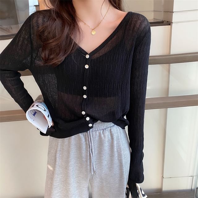innomori-V-Neck Button-Up Plain Sheer Crop Cardigan