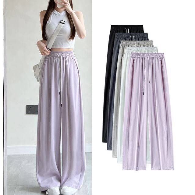 evanesce-Drawstring High Waist Wide Leg Plain Sweatpants