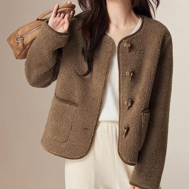 Jeonseon-Round Neck Plain Fleece Toggle Crop Jacket