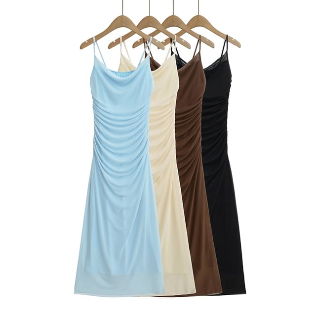 Ulark-Spaghetti Strap Plain Ruched Midi A-Line Dress