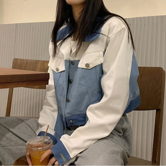 Porstina-Collared Color Block Patchwork Denim Button Jacket