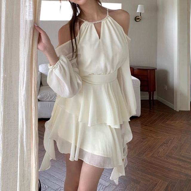 knee length dresses for ladies Andria Halterneck Tulle Midi Dress Ivory main image 1