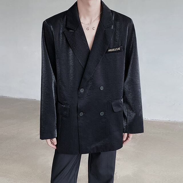 Adothuiastic-Peak Lapel Metal Accent Double-Breasted Plain Blazer