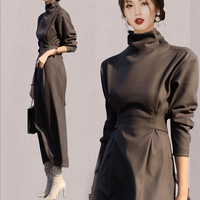 Long-Sleeve Mock-Neck Midi Dress | YesStyle