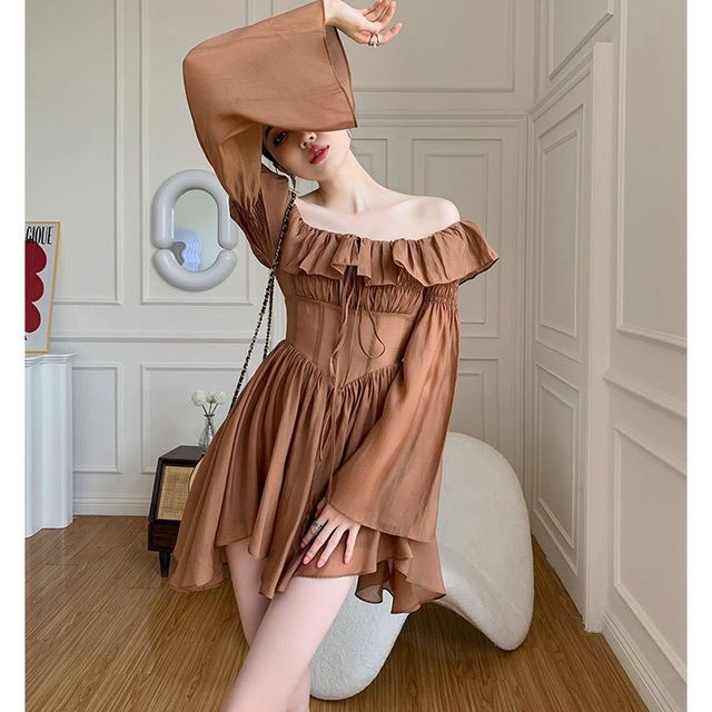 Verona Sing Bell-Sleeve Off-Shoulder Ruffled Mini A-Line Dress