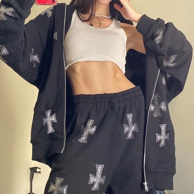 Set: Rhinestone Cross Zip-Up Hoodie + Sweatpants