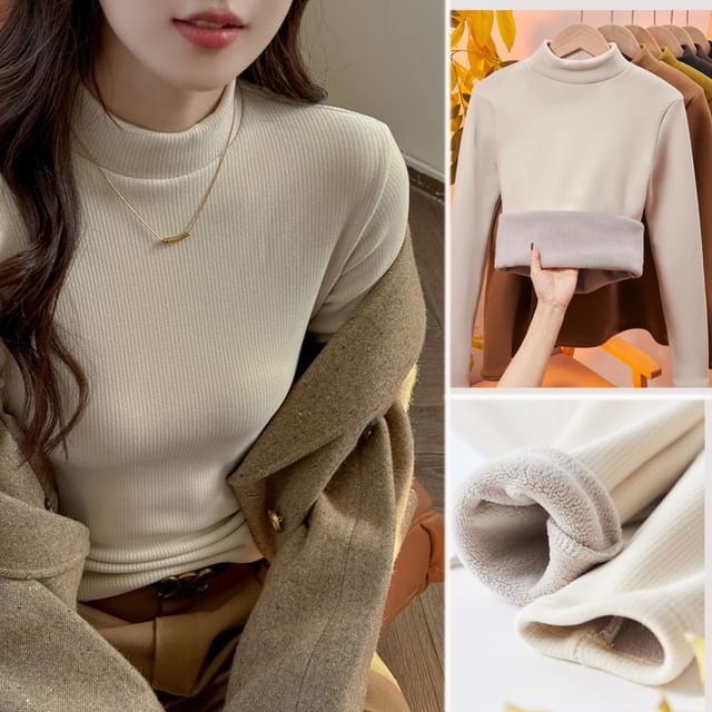 Weelop-Long-Sleeve Mock Neck Plain Fleece-Lined Tee