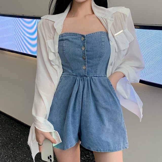 SUGARUS - Strapless Denim Romper 
