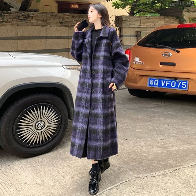 Sienne-Button-Up Plaid Long Coat