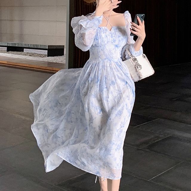 Dress Printed Chiffon Frocks Korean Chiffon Dress Womens Spring Dresses 2019  Women's Printed Floral Dress Long
