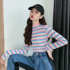 Tanee - Striped Turtle-Neck Long-Sleeve Slim-Fit Knit Top Tanee - Striped Turtle-Neck Long-Sleeve Slim-Fit Knit Top