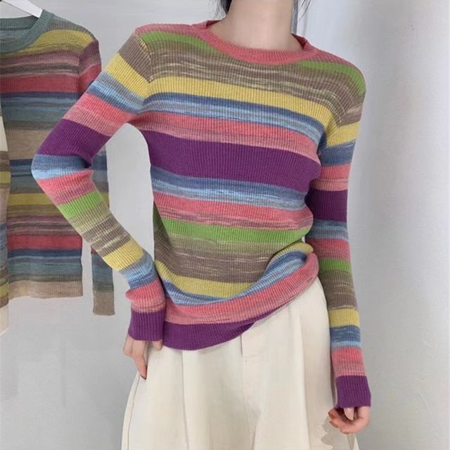 Everose-Long-Sleeve Crew Neck Striped Ribbed Sweater