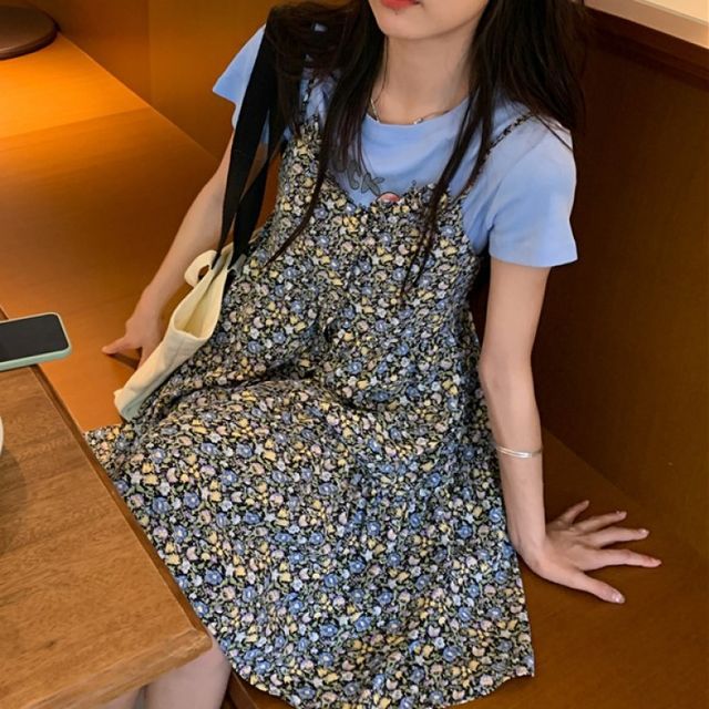 Dute Short-Sleeve Round Neck Plain T-Shirt Spaghetti Strap