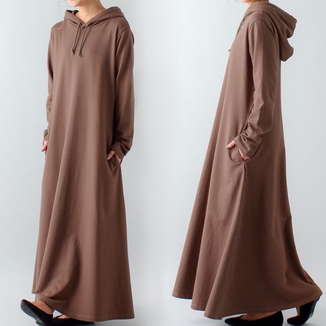 Lewwe-Plain Maxi Hoodie Dress