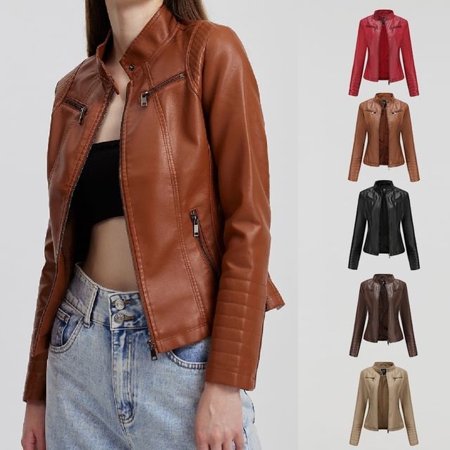 JVL-Stand Collar Plain Zip-Up Faux Leather Jacket