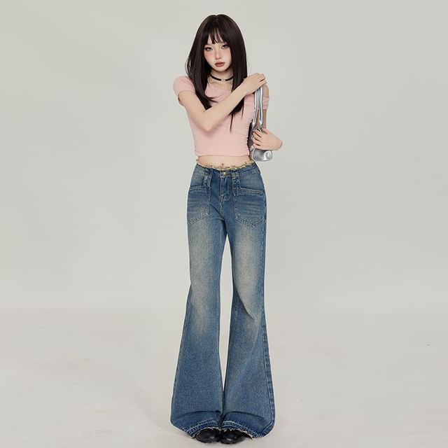 Denimot-Mid Waist Washed Flared Jeans Various Designs