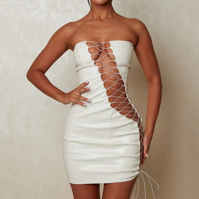 Coolkiss - Plain Cutout Lace Up Faux Leather Mini Sheath Tube Dress | YesStyle Coolkiss - Plain Cutout Lace Up Faux Leather Mini Sheath Tube Dress | YesStyle