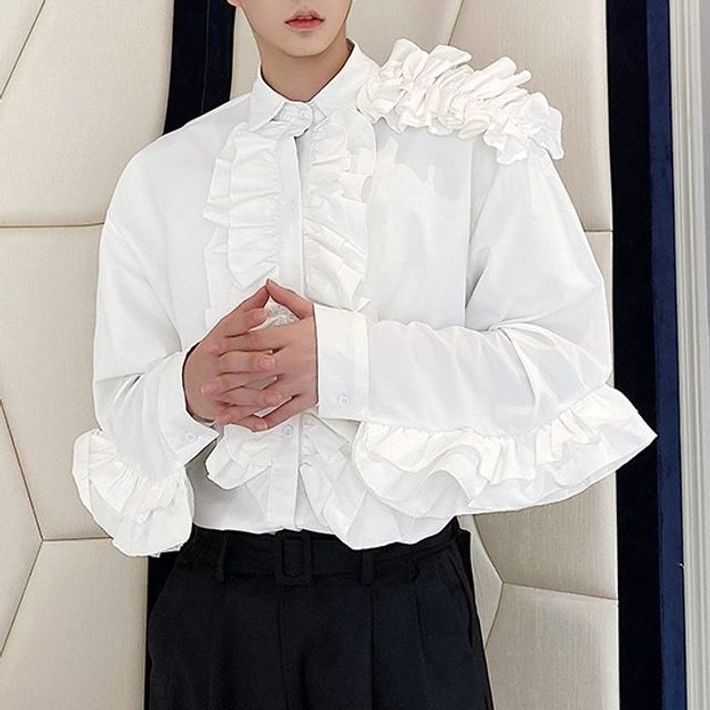 Adothuiastic-Long-Sleeve Plain Ruffle Trim Shirt