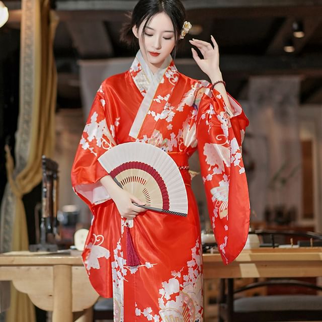 Golden Flowers - Long-Sleeve Floral Print Kimono Dress | YesStyle