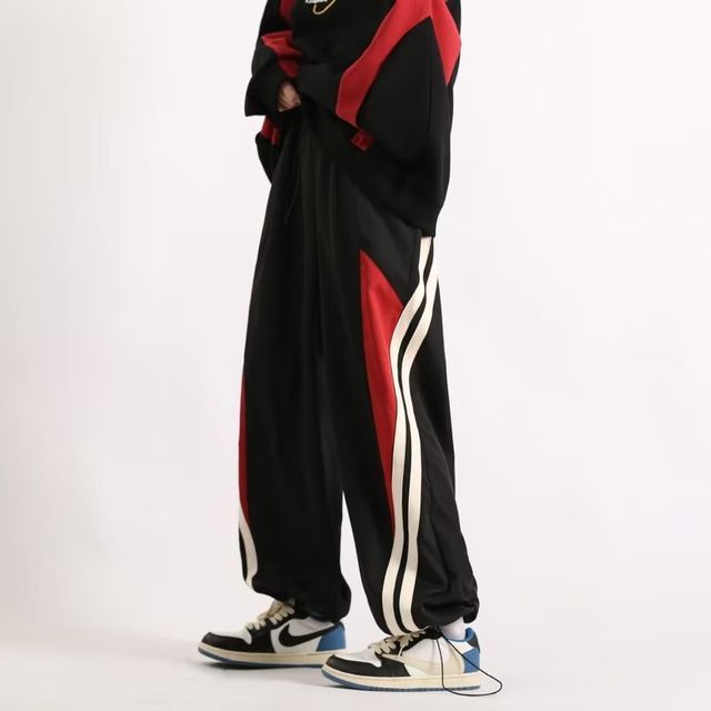Ateso-High Waist Panel Harem Sweatpants Elbow-Sleeve Crew Neck Plain T-Shirt