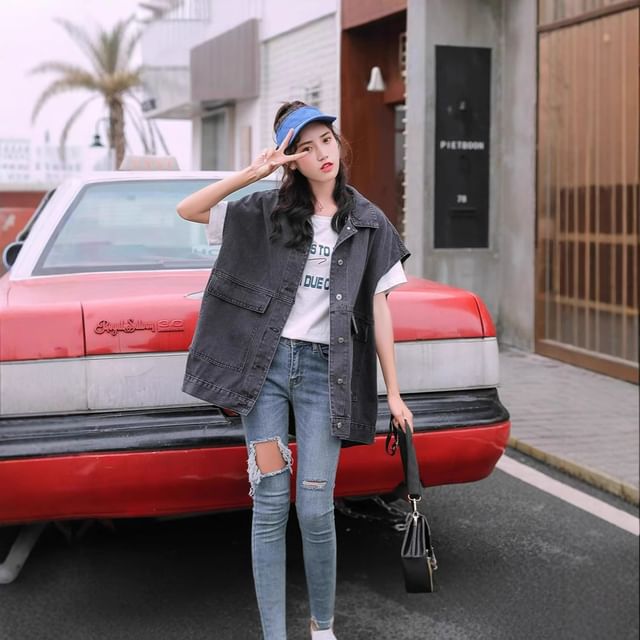 Lexama-Sleeveless Lapel Collar Washed Denim Button Vest