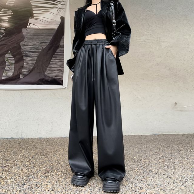 keirtra High Waist Faux Leather Wide Leg Pants YesStyle