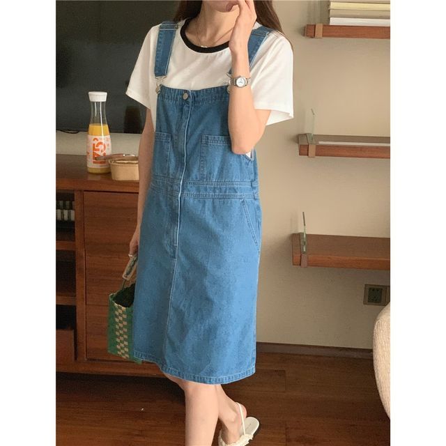 Tonni's - Short-Sleeve Crew Neck Heart Embroidered Tee / Washed Mini Denim  Overall Dress | YesStyle