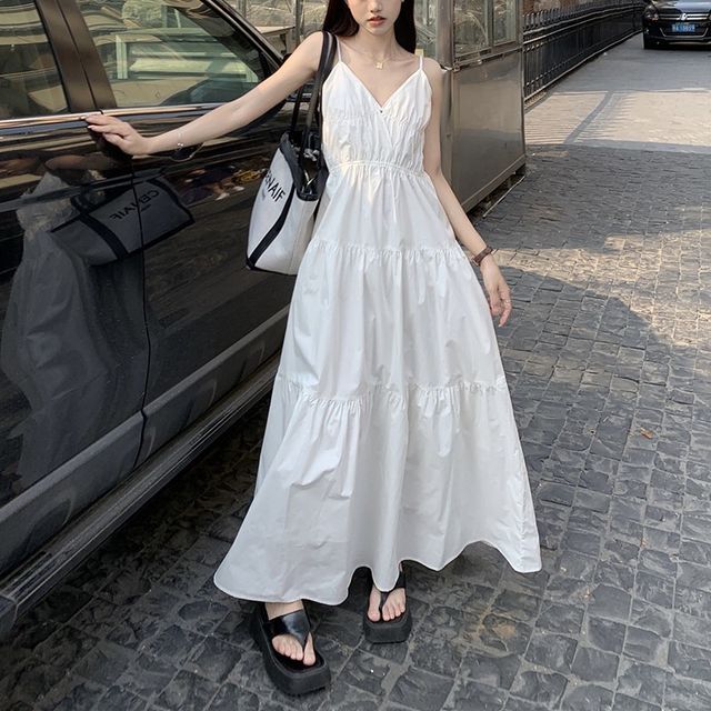 Korean Strap White Dress Spaghetti Strap Summer Korean Long Dress