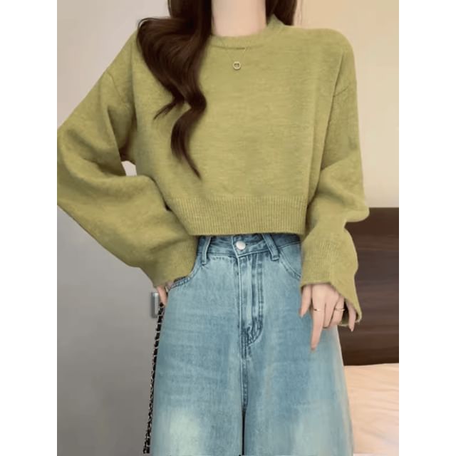 Ukiyo-Crew Neck Plain Crop Sweater