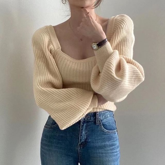 ISSOL-Long-Sleeve Square Neck Plain Ribbed Knit Top